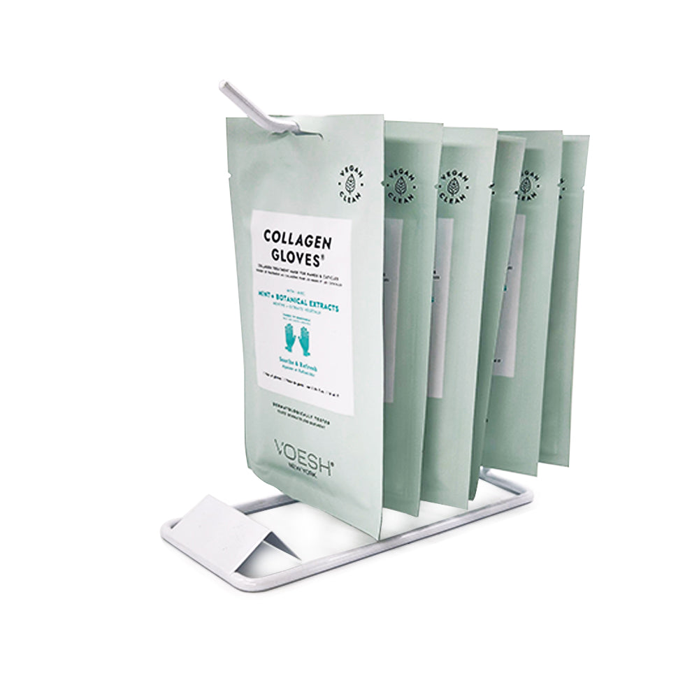 Collagen gloves packaging with a stand on a white background