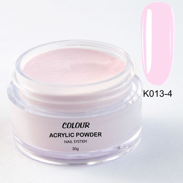 Jar of acrylic powder with a pink nail sample on a white background