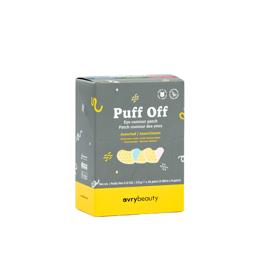 Avry Beauty Puff Off eye contour patch packaging on a white background