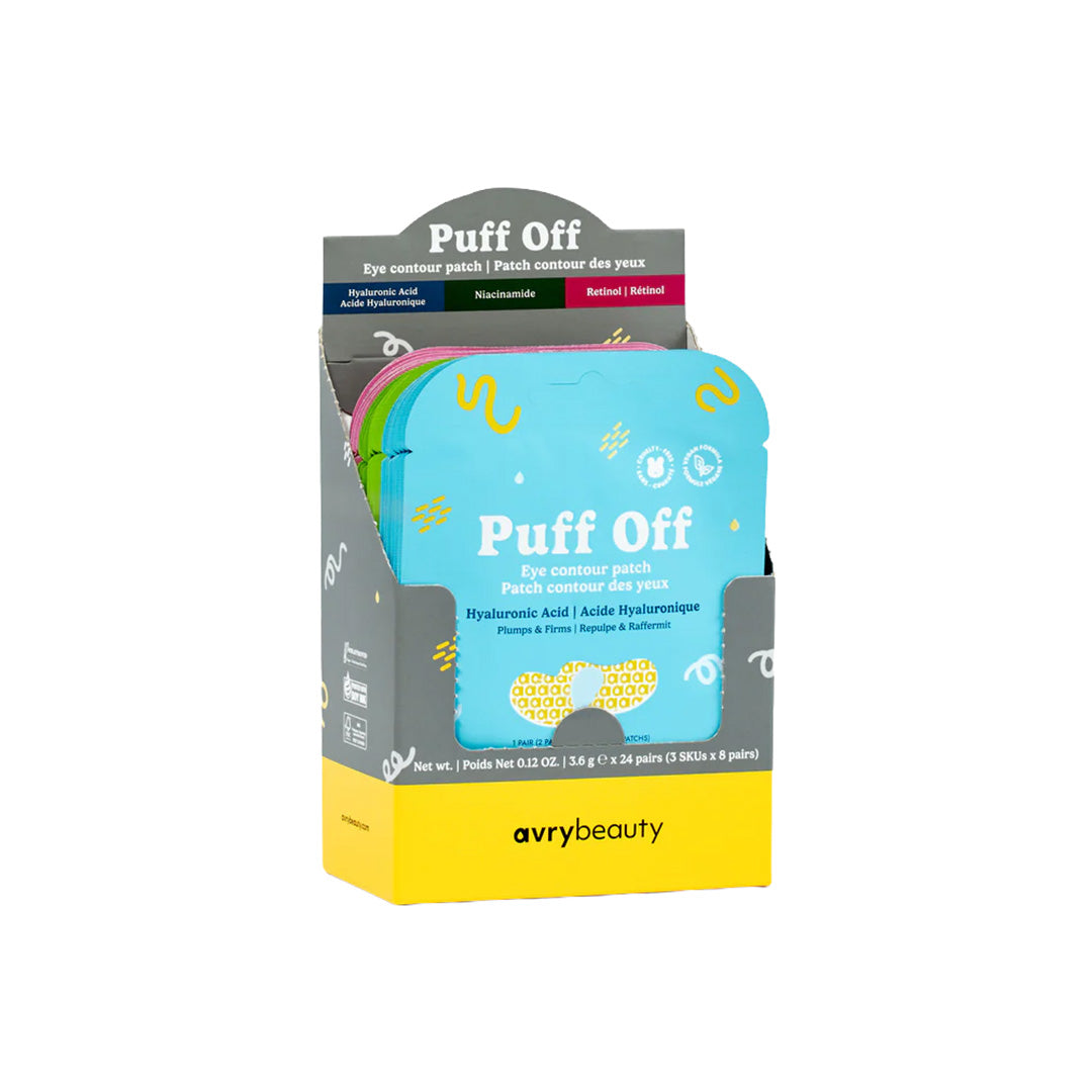 Avry Beauty Puff Off eye contour patches packaging on a white background
