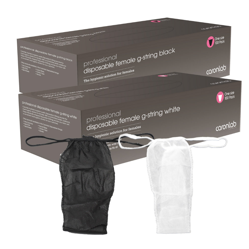 Two boxes of disposable female g-strings, one black and one white, with g-strings displayed in front.