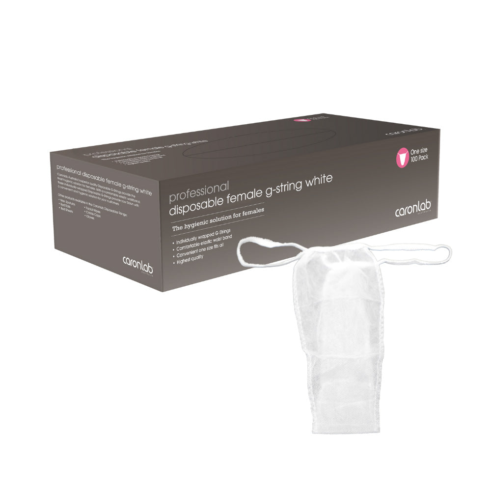 Disposable female g-string packaging with a white g-string on a white background