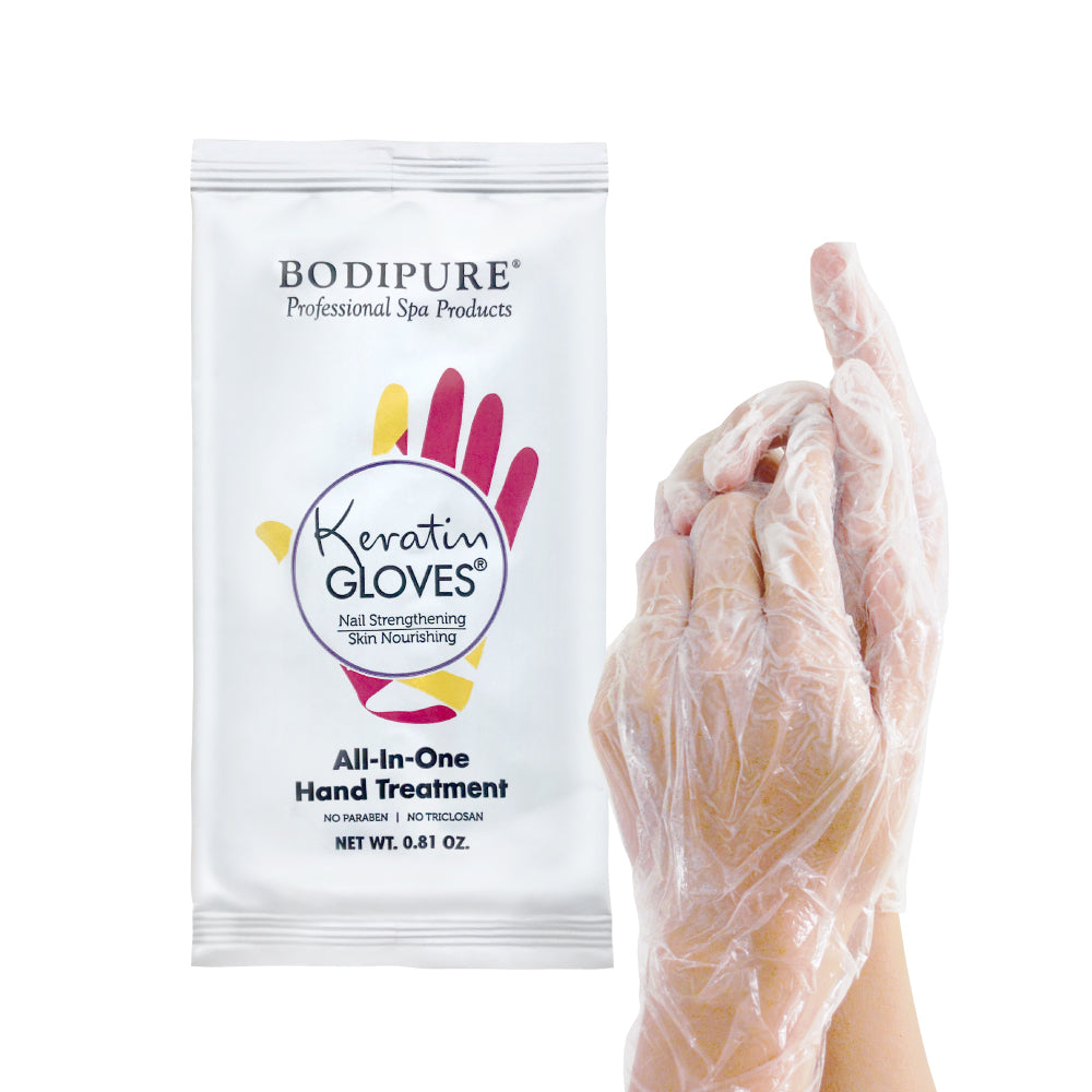 Bodipure Keratin Gloves packaging with a hand wearing a glove on a white background