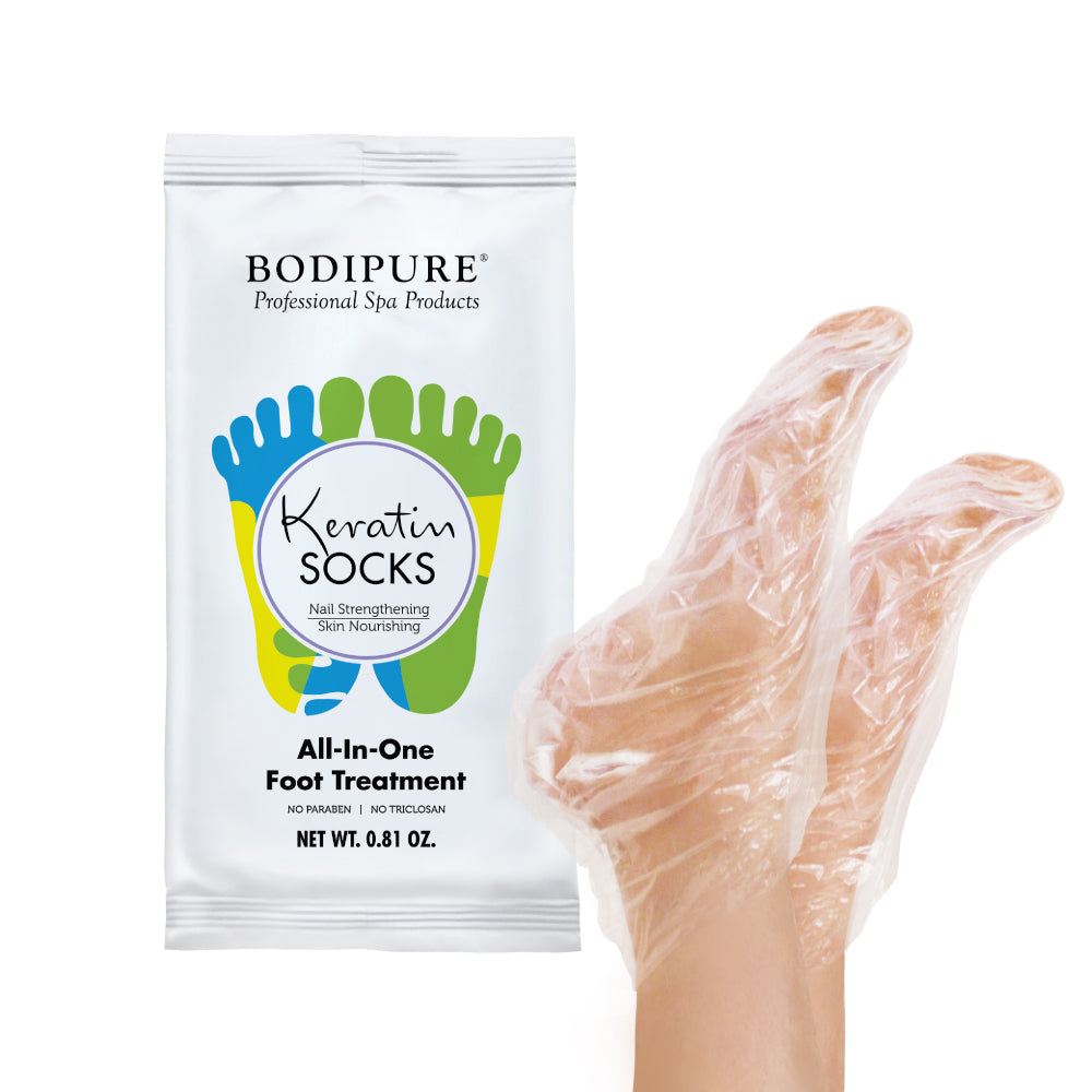 Bodipure Keratin Socks packaging with a foot wearing a sock on a white background