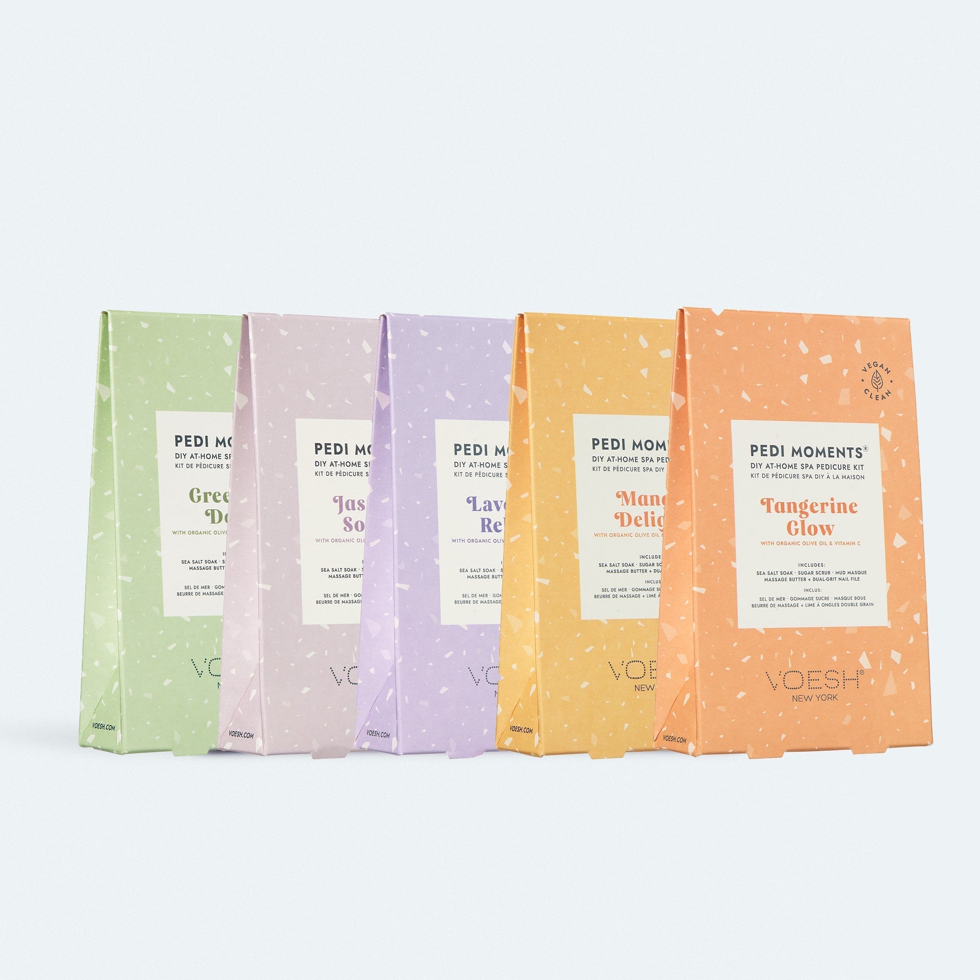 Five Voesh pedicure kit packages in various colors on a white background