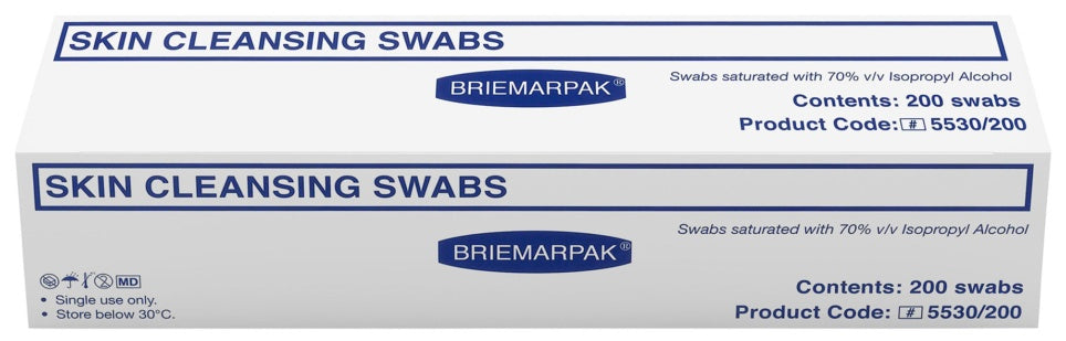 Briemar Alcohol Swabs 56mm x 30mm - 70% Isopropyl Alcohol - Pack of 200