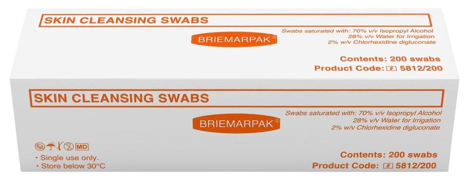 Briemar Alcohol IPA (70%) & Chlorhexidine (2%) Swabs - Pack of 200