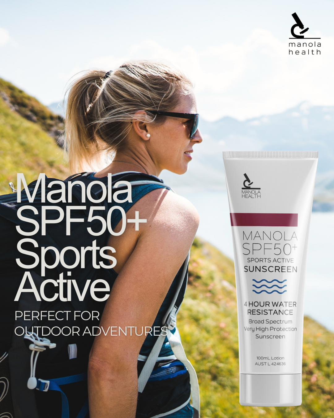 Manola Sports Active Sunscreen SPF50+ 100ml - 9 Pack with counter display