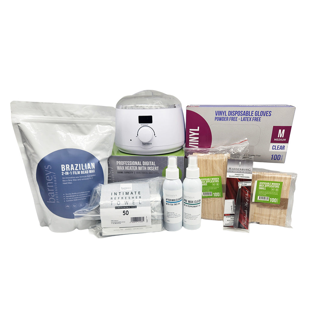 Collection of personal care products including a hair removal device, bottles, and packaging on a white background.