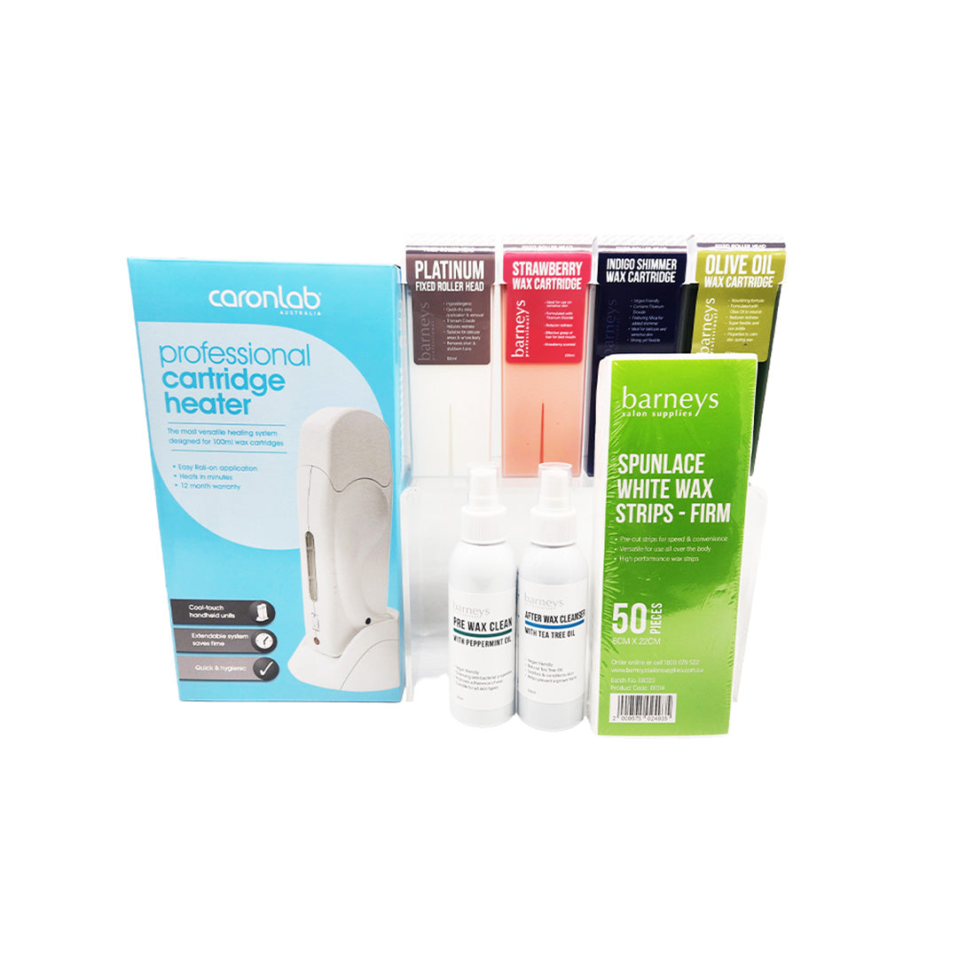 Caronlab professional cartridge heater with wax strips and bottles on a white background