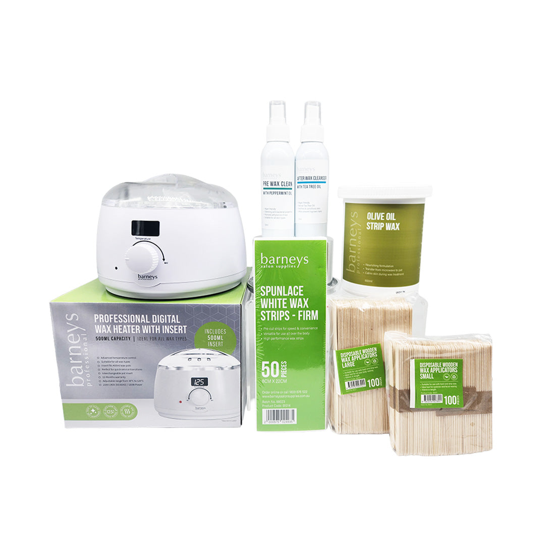 Barneys waxing products including a digital wax heater, wax strips, and cleaning solution on a white background.