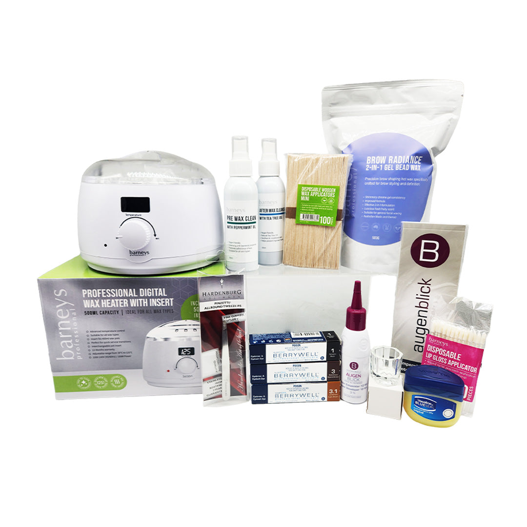 Collection of beauty and grooming products including a digital wax heater, bottles, and boxes on a white background.