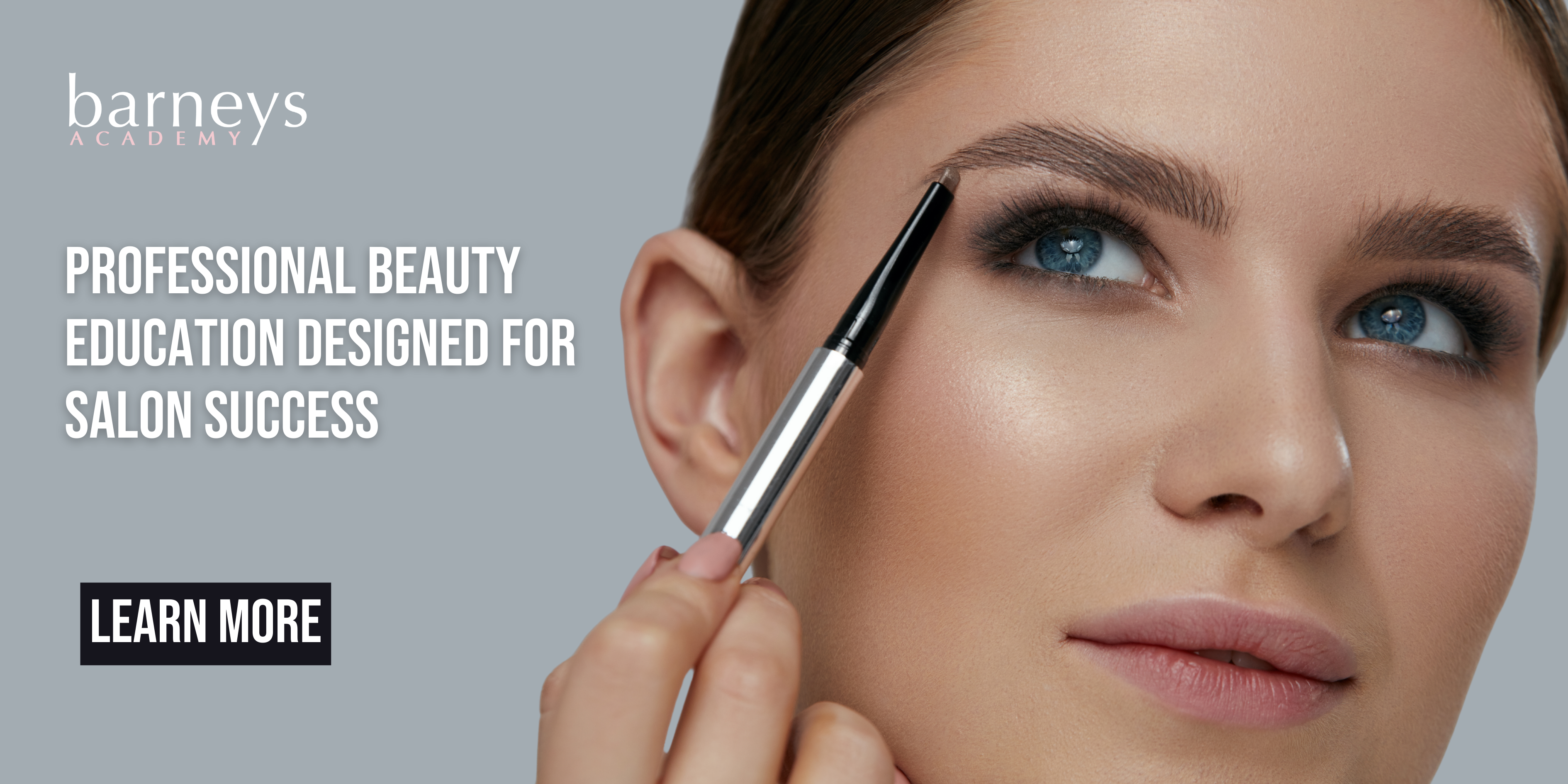 Woman applying makeup with a brush, promotional text for barneys academy beauty education.