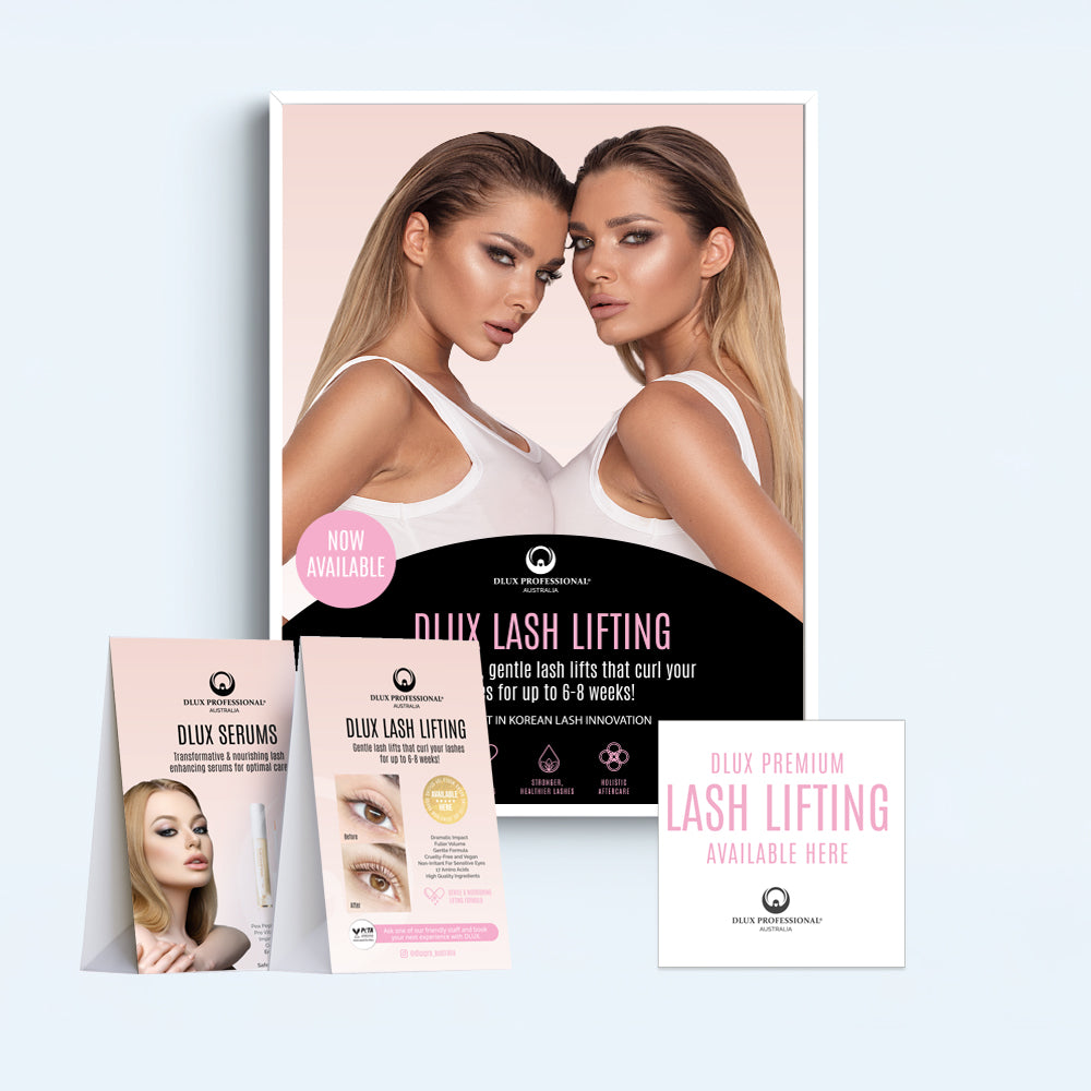 Promotional materials for Duxx Lash Lifting and other products on a light blue background