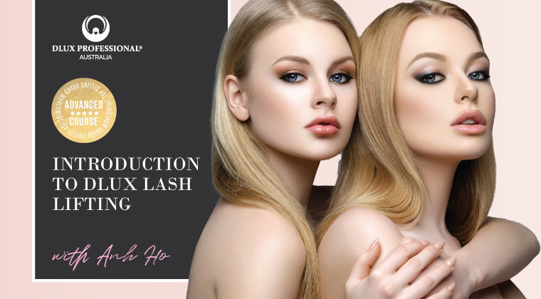 Advertisement for DLux Lash Lifting with two models and DLux Professional branding.