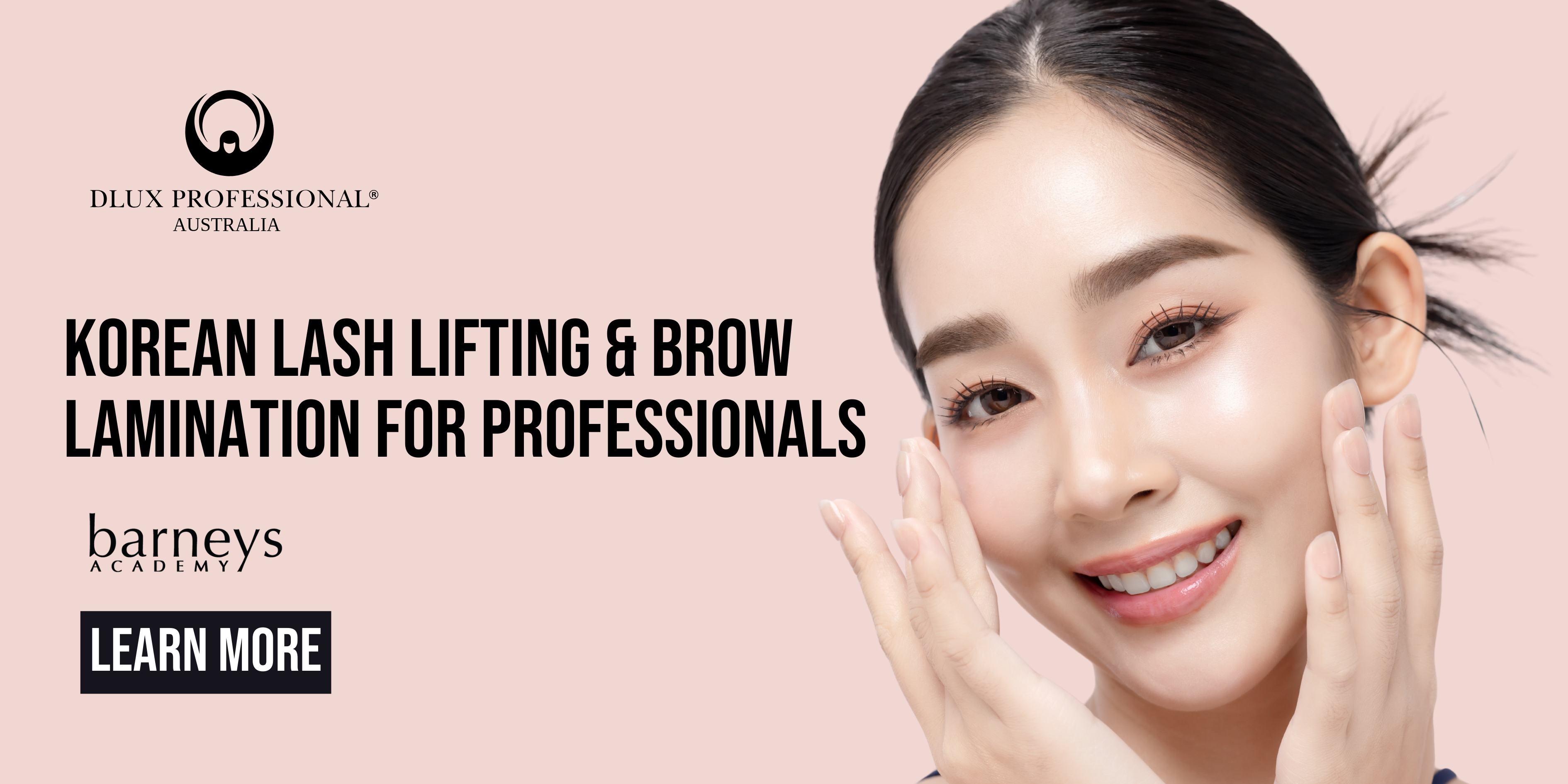 Advertisement for Korean lash lifting and brow laminations with a woman's face on a pink background.