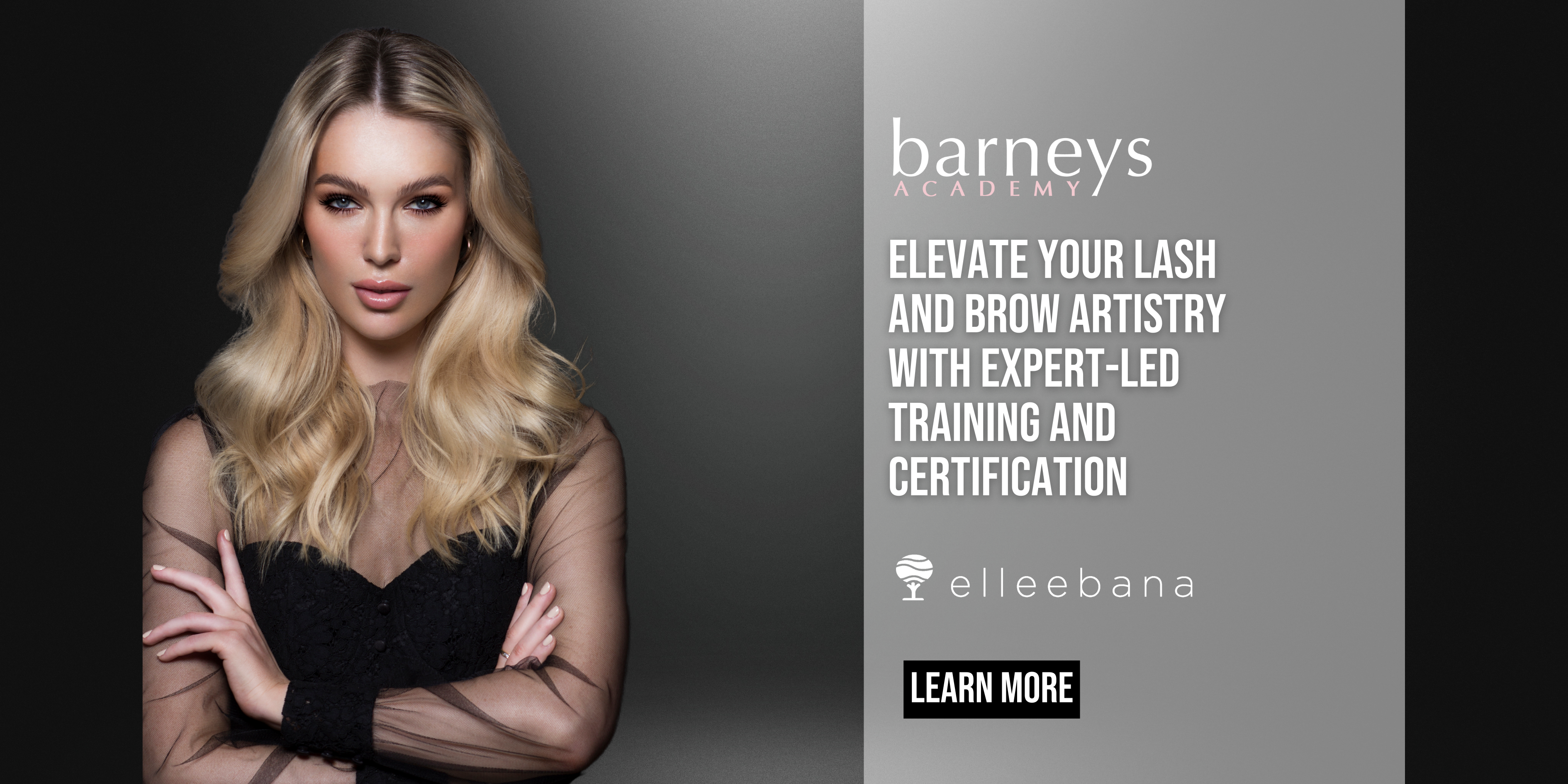 Advertisement for Barneys Academy with a woman and promotional text on a dark background