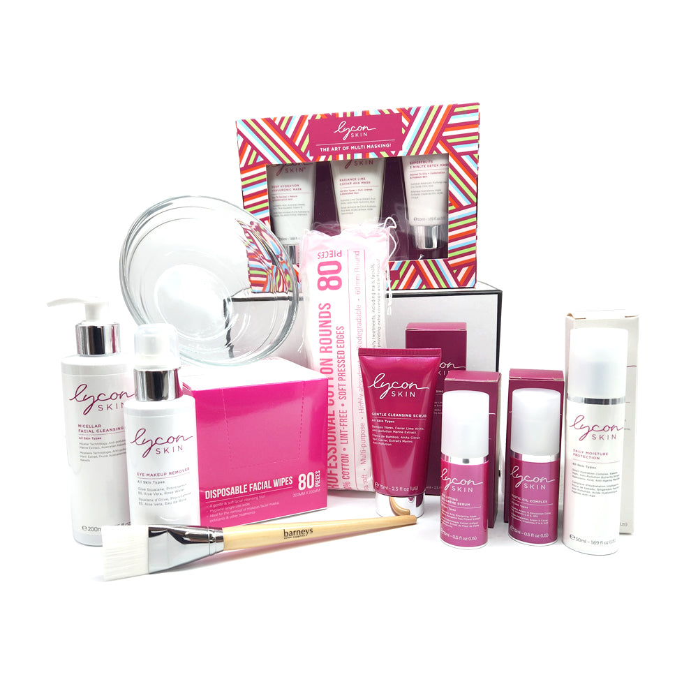 Lyon Skin skincare product set with various bottles and packaging on a white background