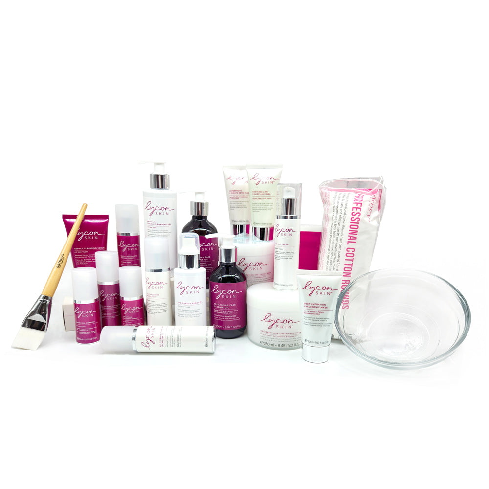 Assorted skincare products with visible brand on a white background