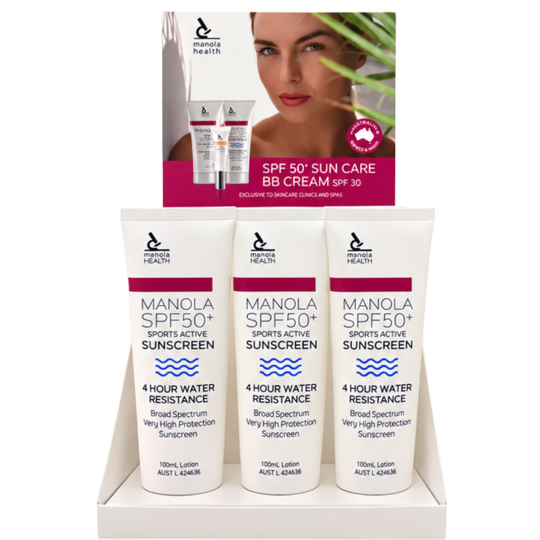 Manola Sports Active Sunscreen SPF50+ 100ml - 9 Pack with counter display