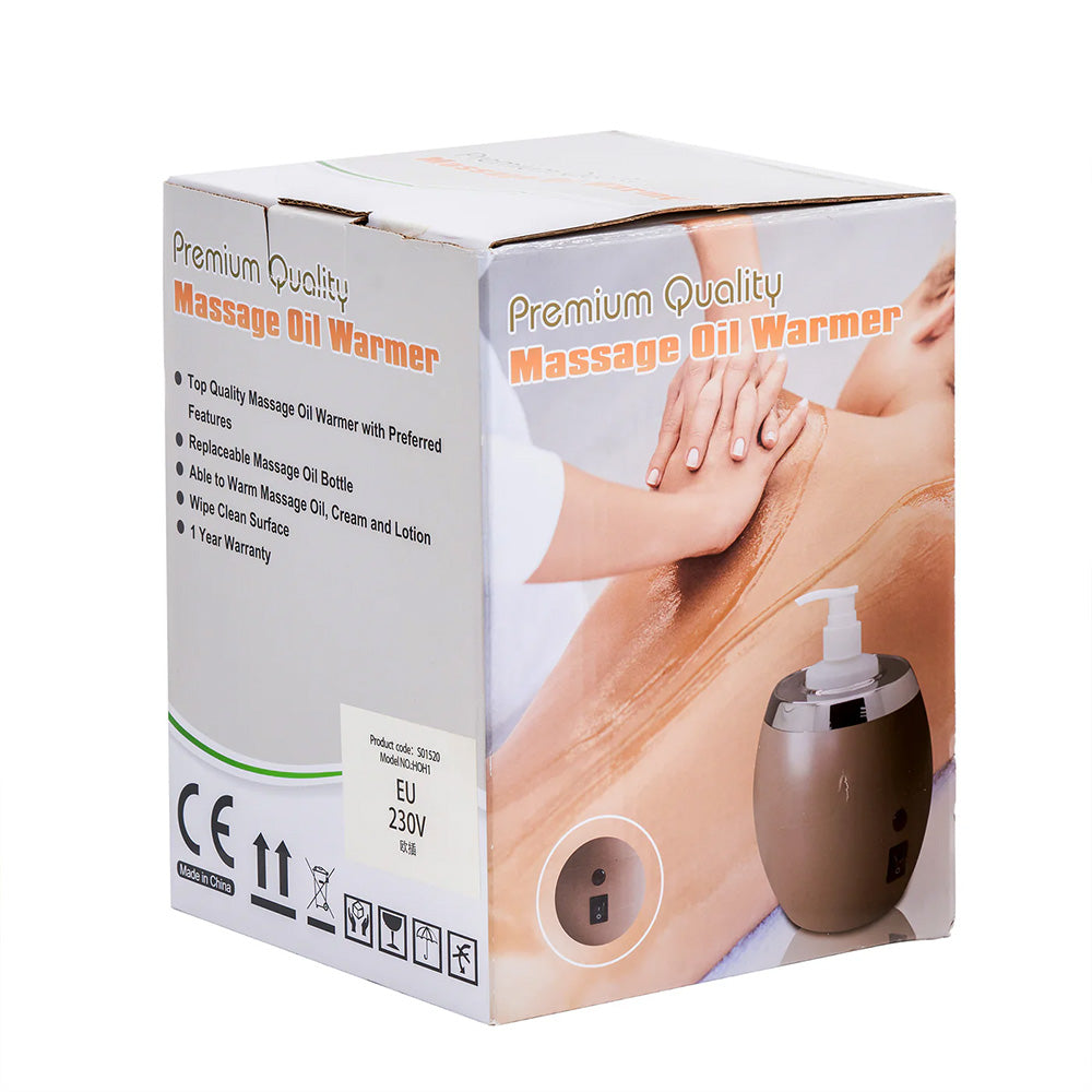 Box of a massage oil warmer with a person using it on their leg.