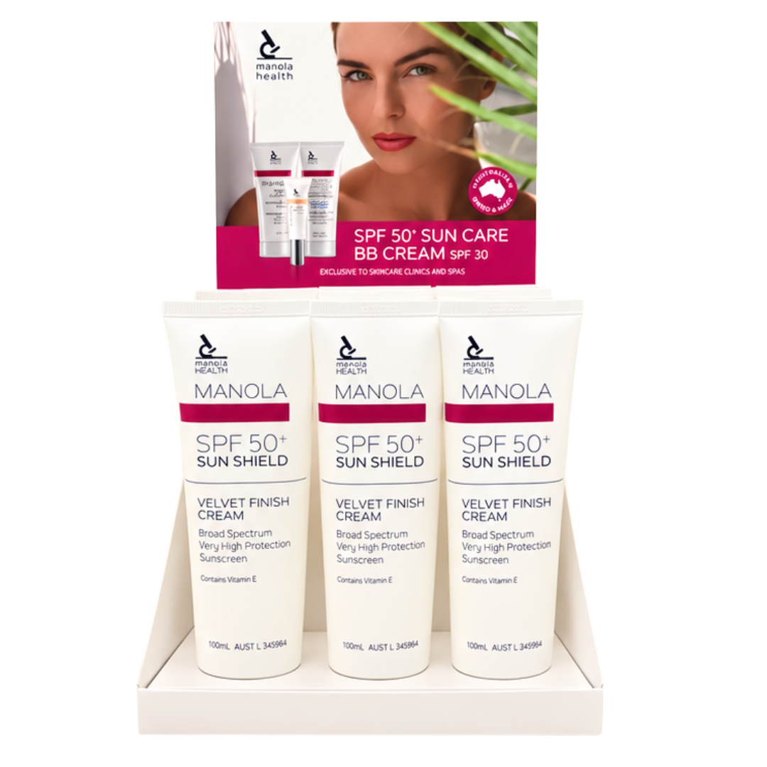 Manola Velvet Touch Sun Shield SPF50+ 100ml - 9 Pack with counter display