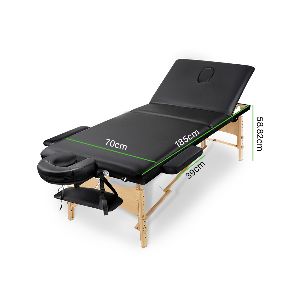 Portable Wooden Massage/Beauty Bed - 3 Fold - Black - 70cm