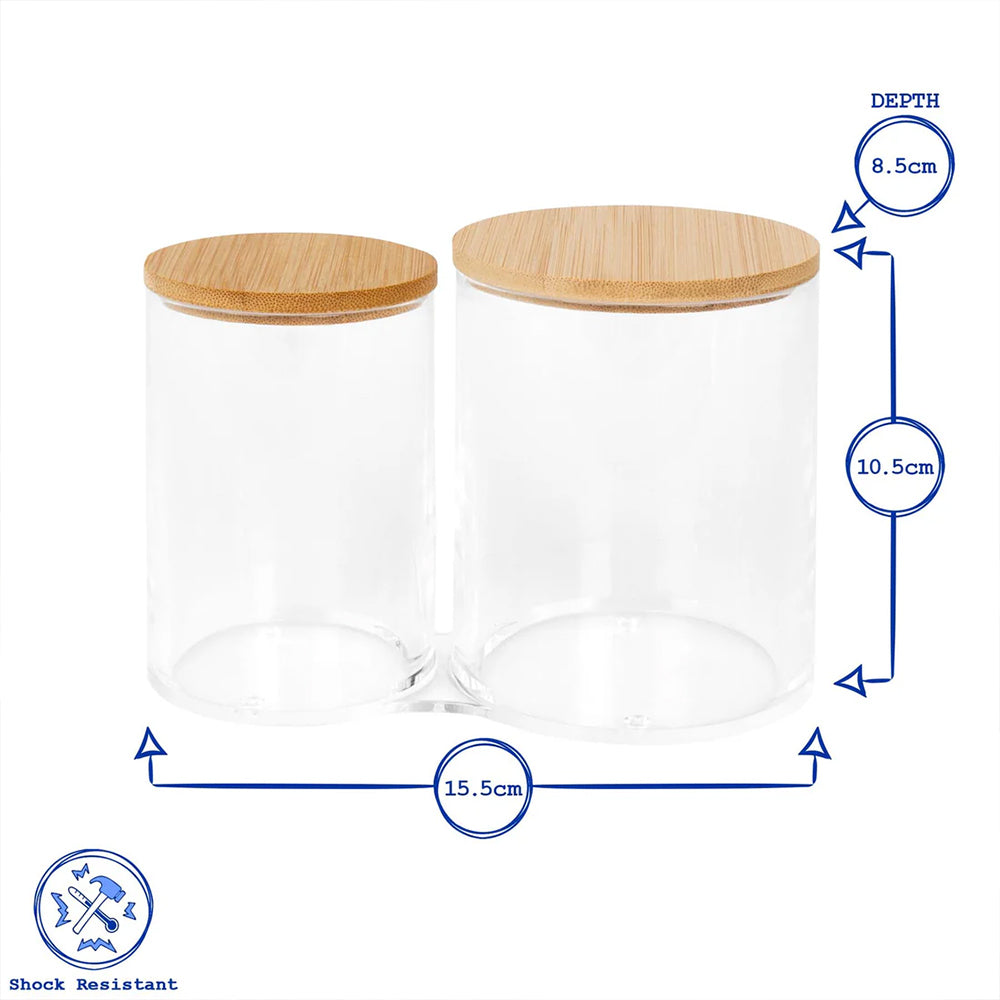 Glass jar with wooden lid and measurements on a white background