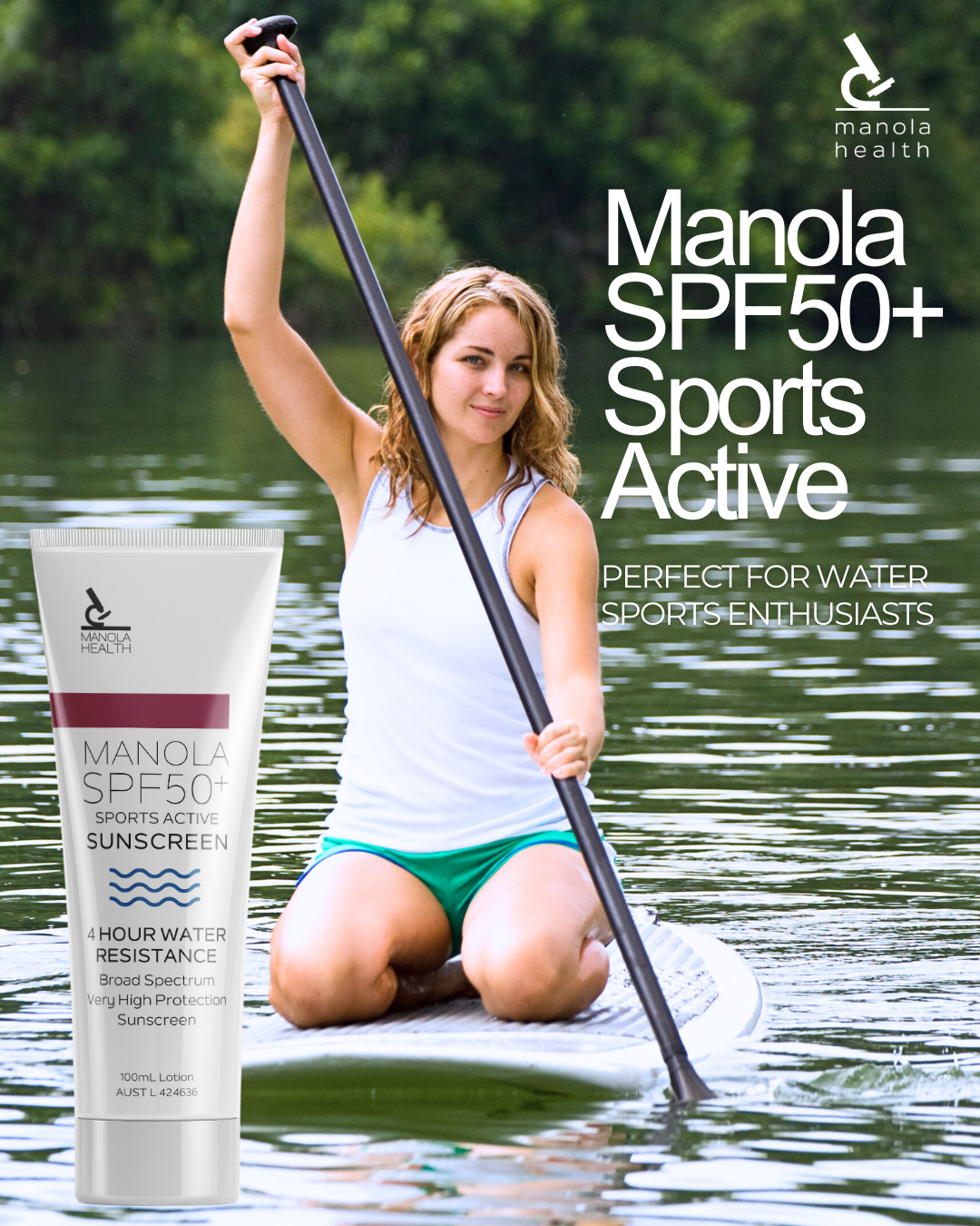 Manola Sports Active Sunscreen SPF50+ 100ml - 9 Pack with counter display