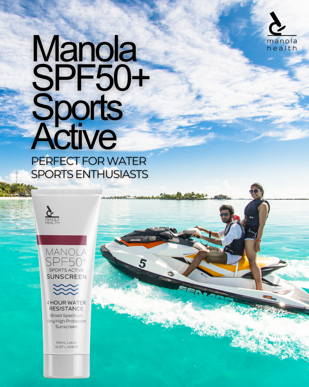 Manola Sports Active Sunscreen SPF50+ 100ml - 9 Pack with counter display