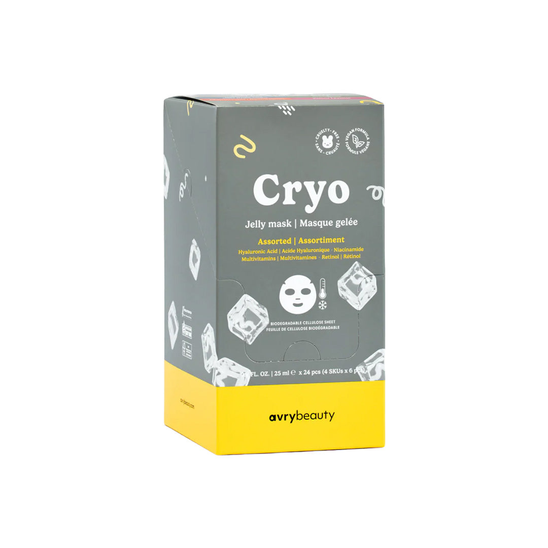 Cryo jelly mask packaging by avry beauty on a white background