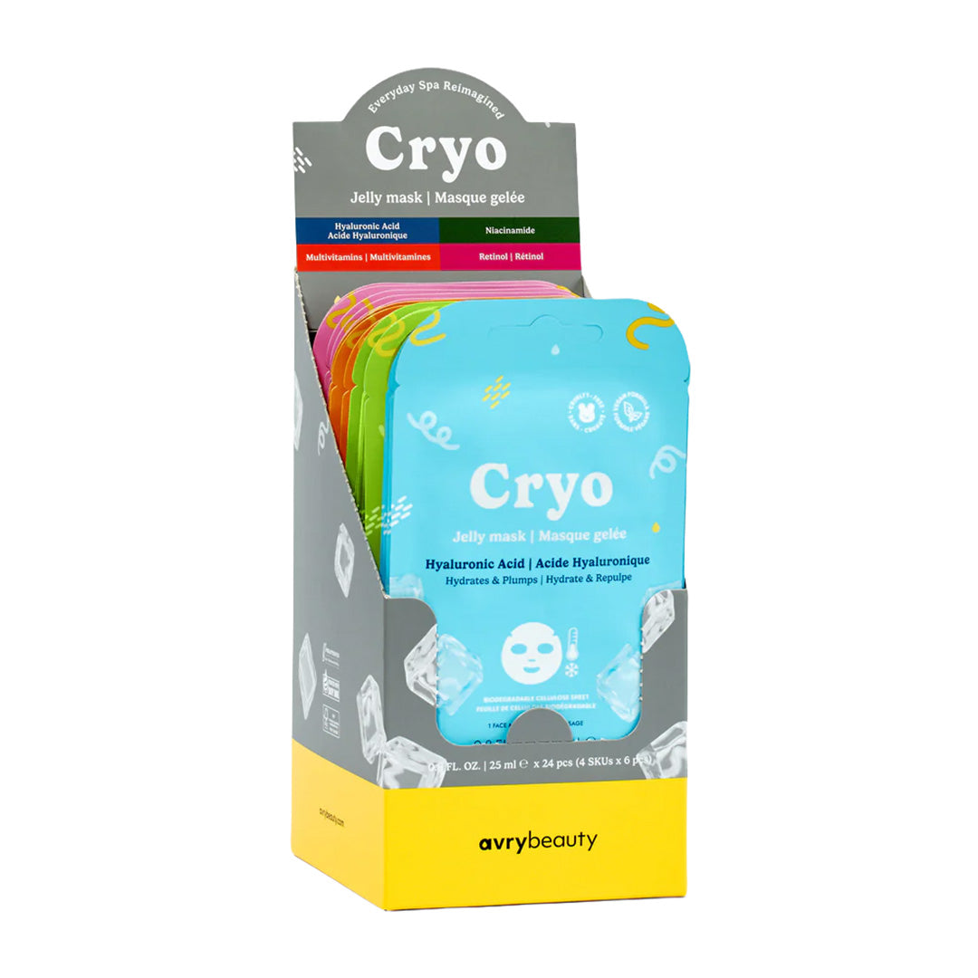 Display box of Cryo jelly masks by avry beauty on a white background