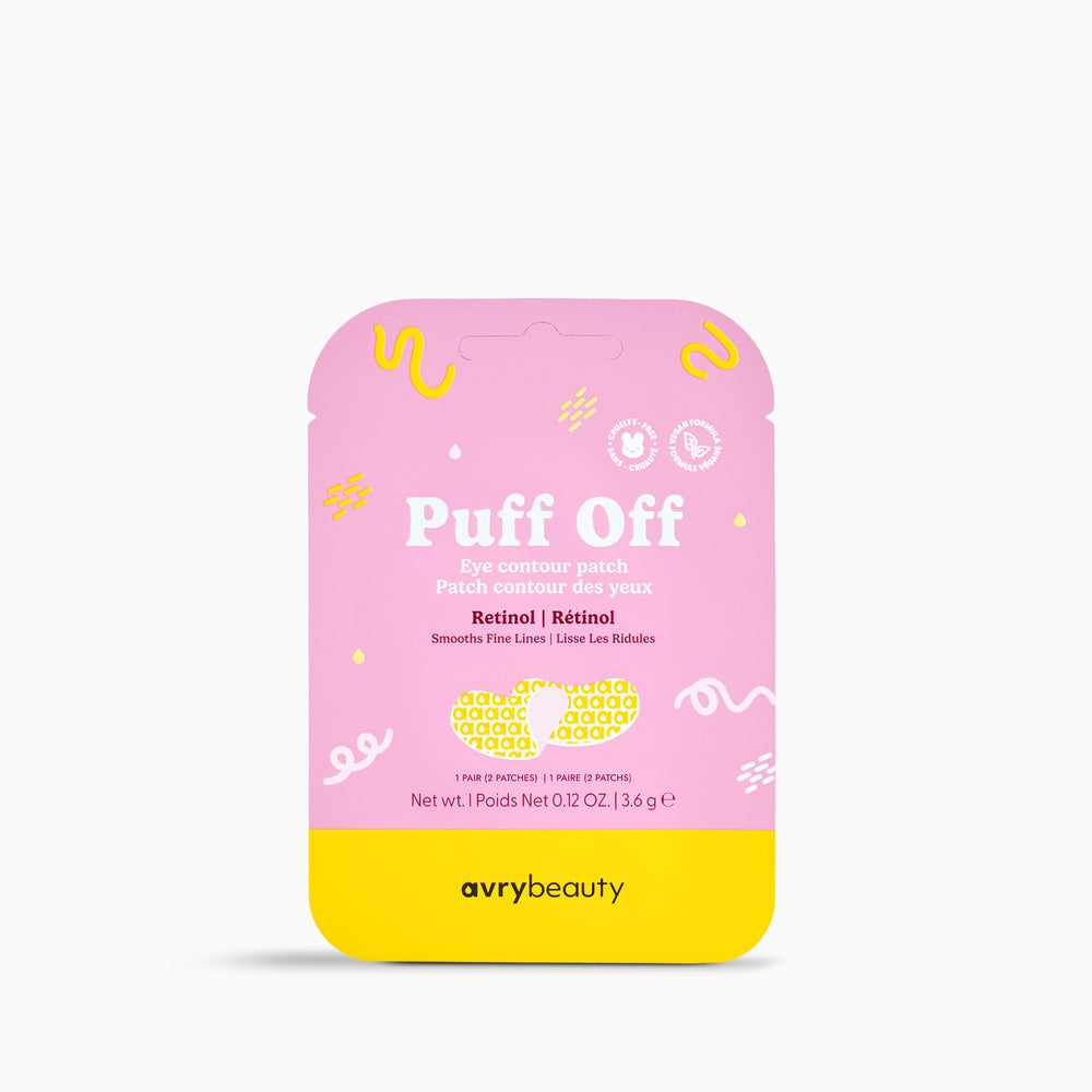 Pink and yellow eye patch packaging with 'Puff Off' text on a white background