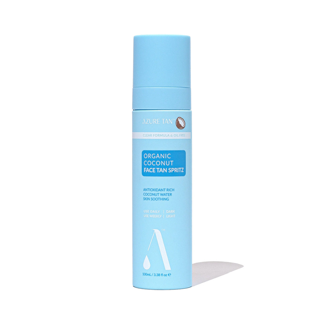 Blue bottle of Azure Tan Organic Coconut Face Tan Spritz on a white background