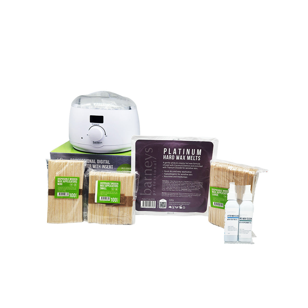 Collection of waxing products including a wax warmer, wax strips, and a packet of wax melts on a white background.