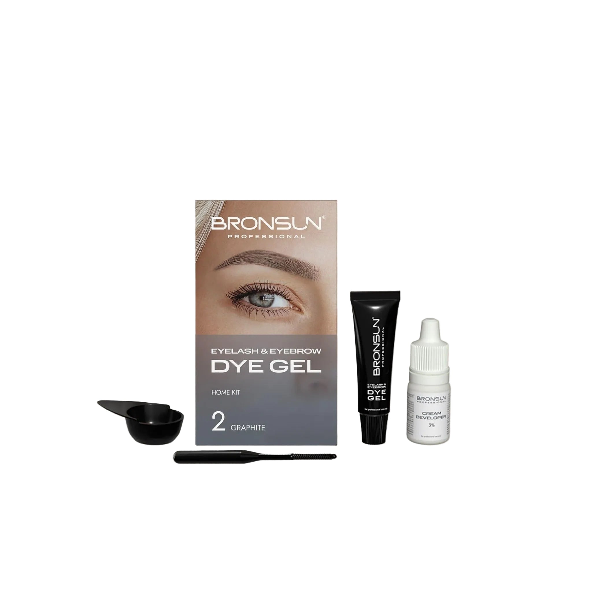 BRONSUN Hybrid Lash and Brow Gel Dye Trial Kit in Graphite with dye, developer, mixing cup and applicator