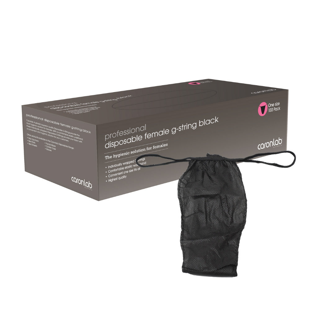 Disposable female g-string packaging with black drawstring bag on a white background