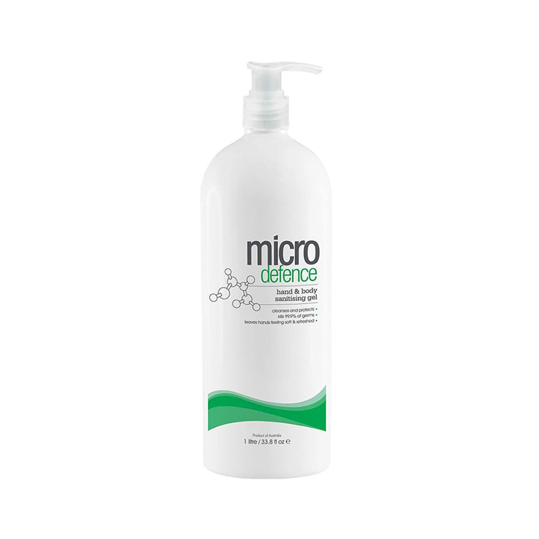 White bottle of micro defence hand and body cleansing gel on a white background