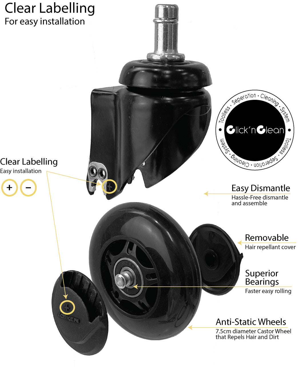 Joiken Turbo Stool - Black Base - Click'n'Clean Castor Wheels - Sand