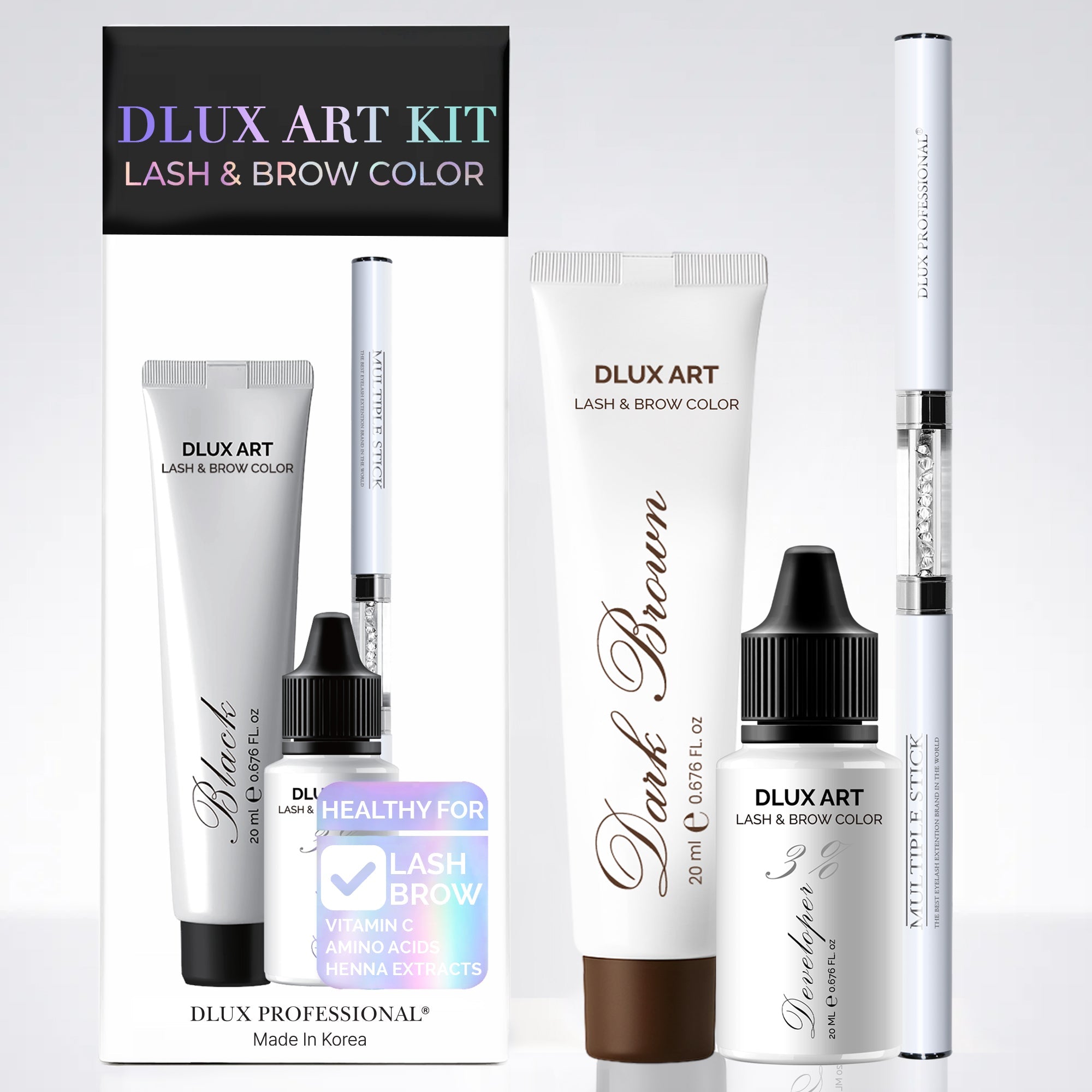 DLUX Pro Art Hybrid Lash and Brow Tint – Dark Brown bundle contents