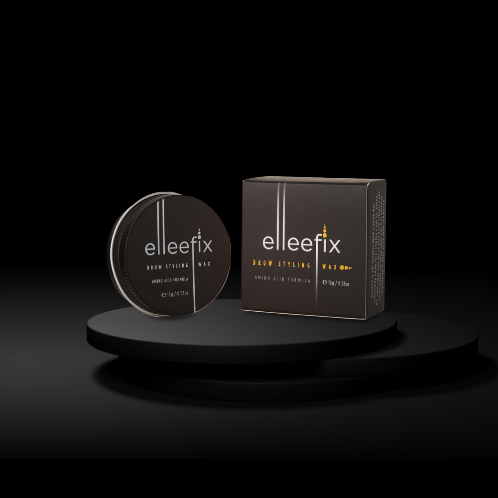 Elleefix pomade container and packaging on a black background