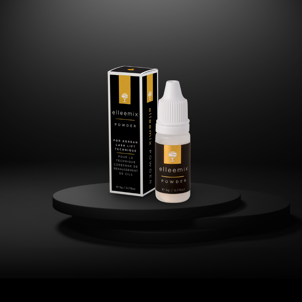 'elleemix powder bottle and packaging on a black background