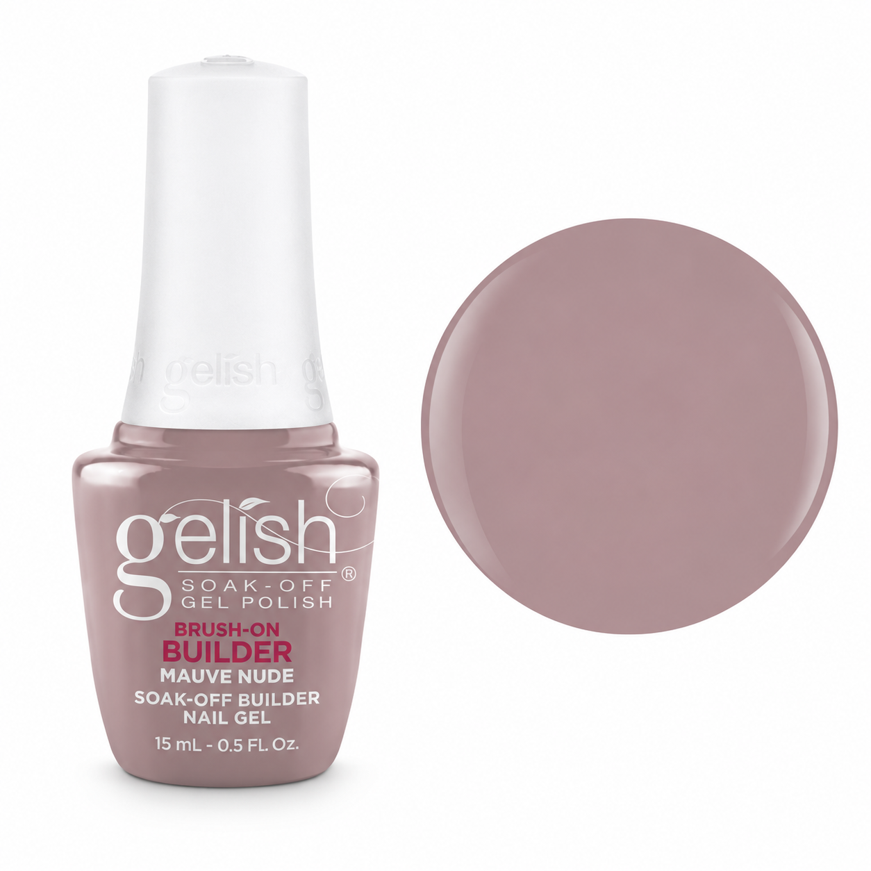 Gelish Pro BIAB Brush-On Builder Gel 15ml – Mauve Nude bottle and colour swatch