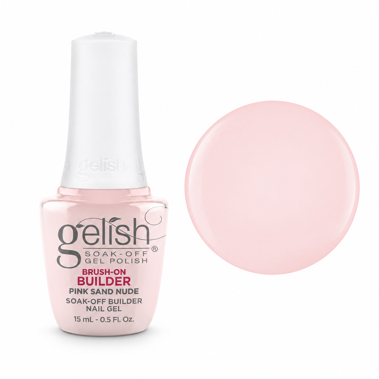 Gelish Pro BIAB Brush-On Builder Gel 15ml – Pink Sand Nude bottle and colour swatch