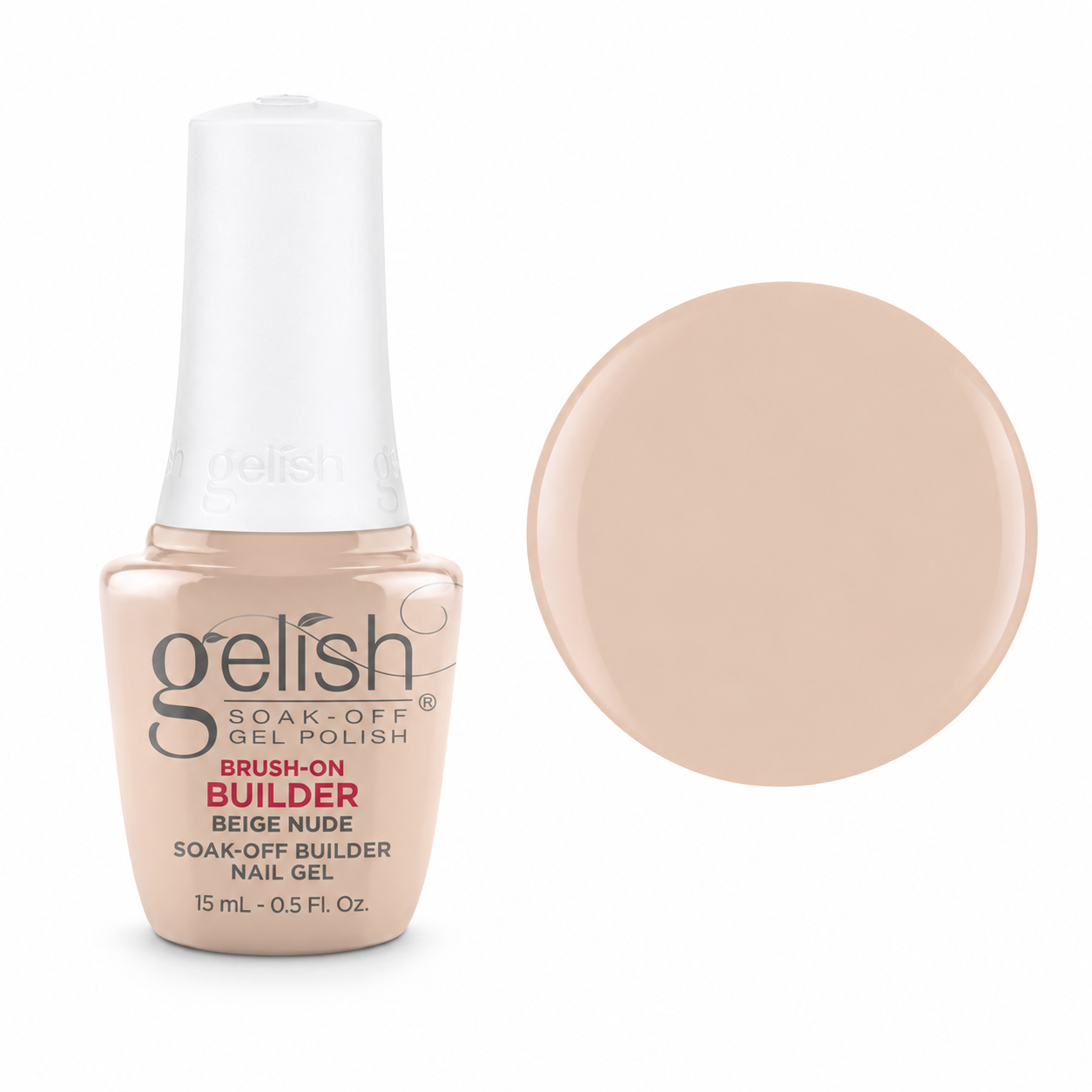 Gelish Pro BIAB Brush-On Builder Gel 15ml – Beige Nude bottle and colour swatch