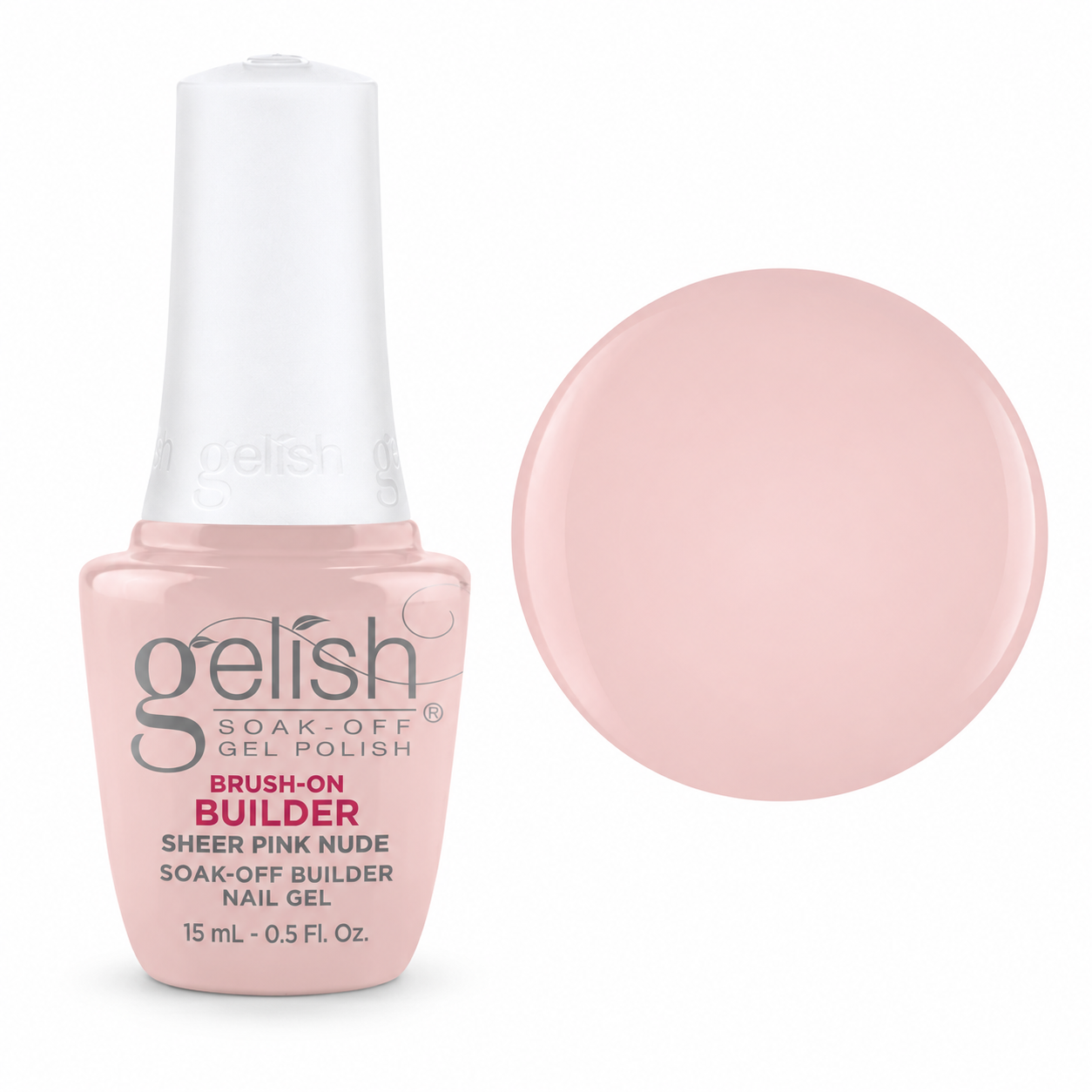 Gelish Pro BIAB Brush-On Builder Gel 15ml – Sheer Pink Nude bottle and colour swatch