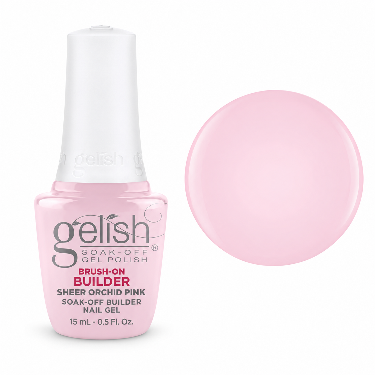 Gelish Pro BIAB Brush-On Builder Gel 15ml – Sheer Orchid Pink bottle and colour swatch