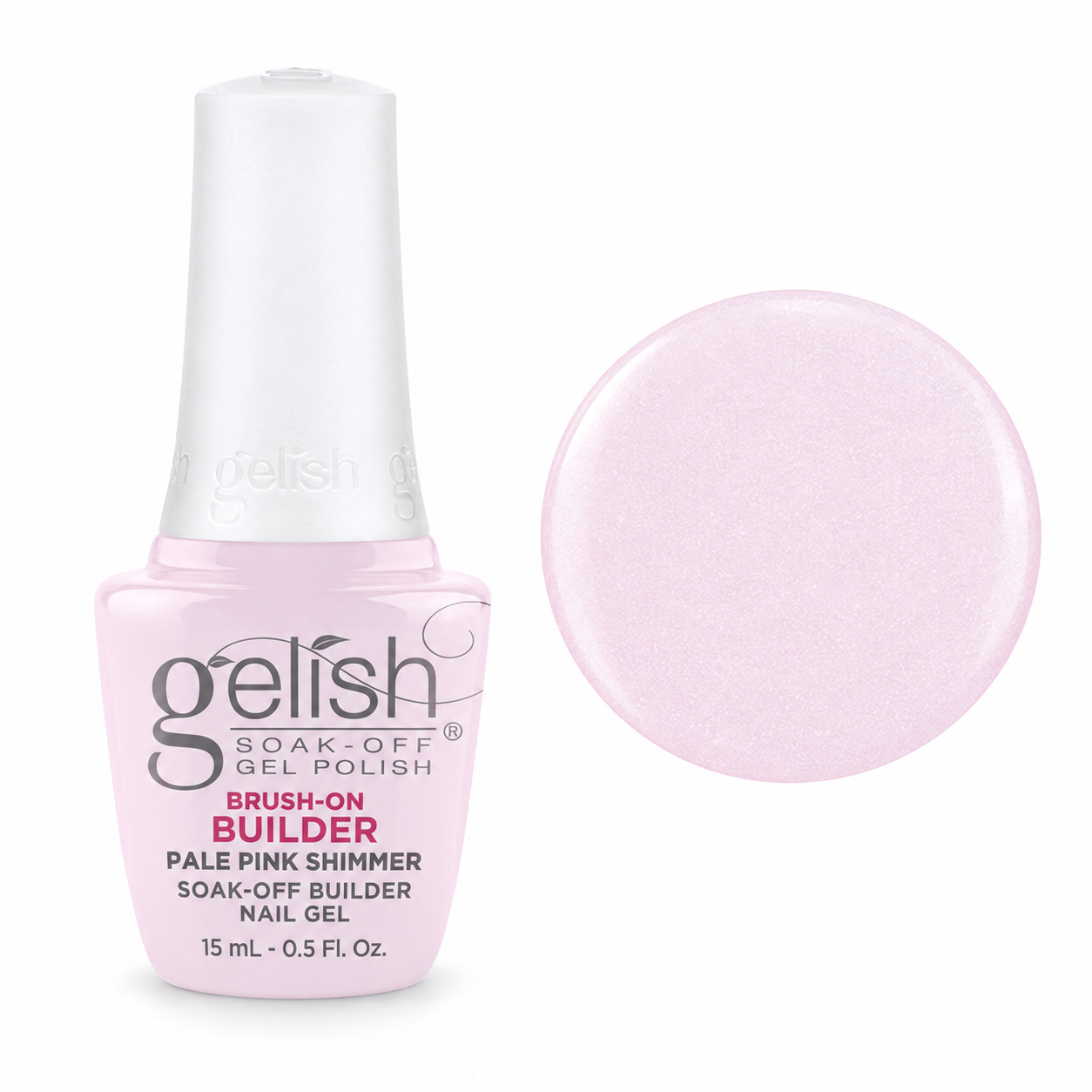 Gelish Pro BIAB Brush-On Builder Gel 15ml – Pale Pink Shimmer bottle and colour swatch