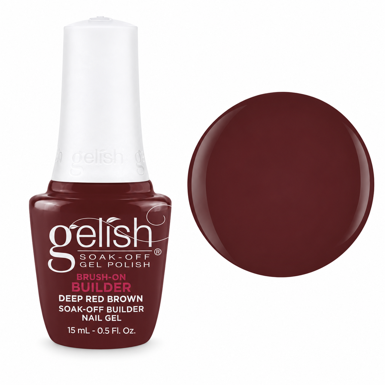 Gelish Pro BIAB Brush-On Builder Gel 15ml – Deep Red Brown bottle and colour swatch
