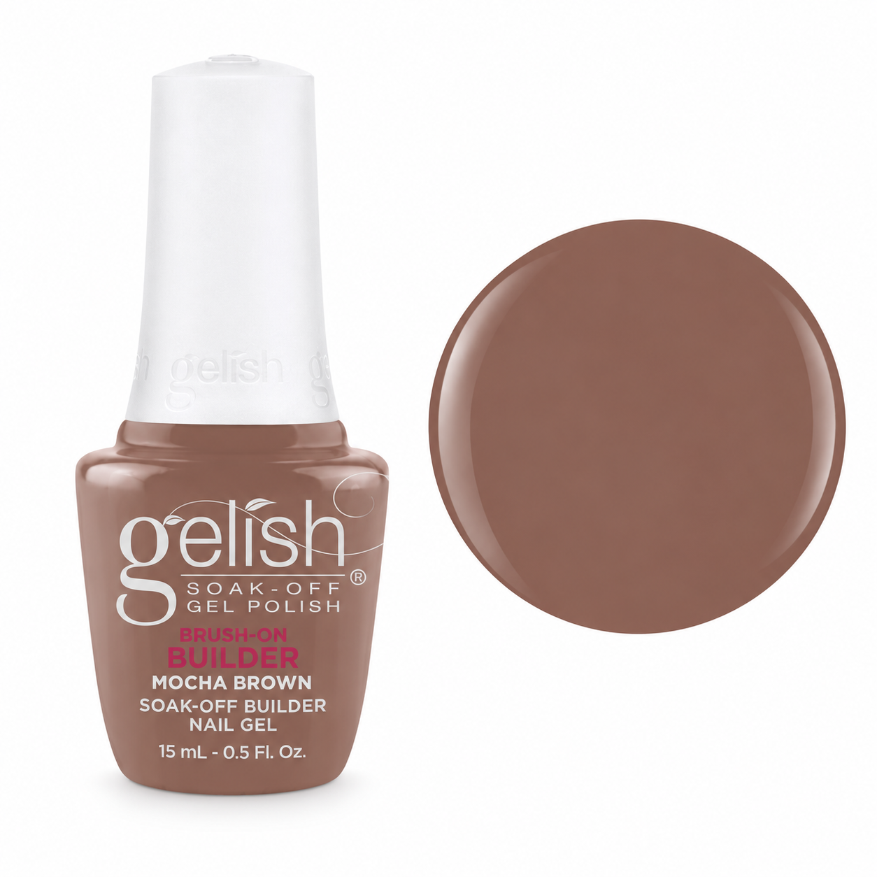 Gelish Pro BIAB Brush-On Builder Gel 15ml – Mocha Brown bottle and colour swatch